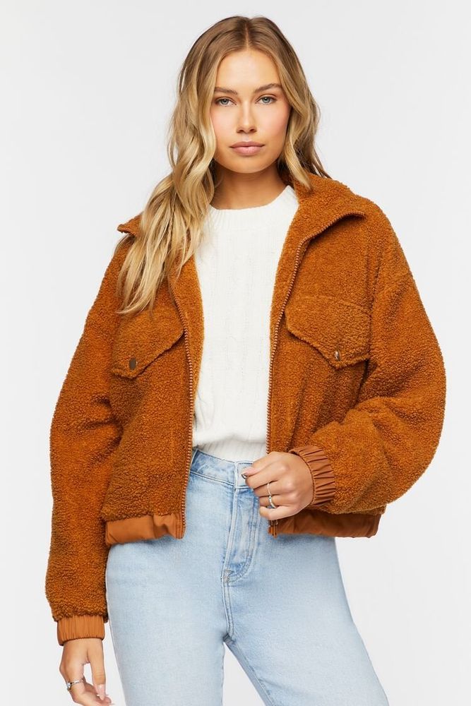 Women's Faux Shearling Zip-Up Bomber Jacket in Mocha Large