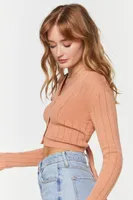 Women's Lace-Up Cropped Cardigan Sweater in Tan Small