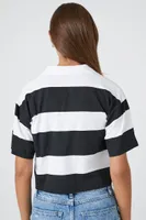 Women's Cropped Striped Polo Shirt in Black/White Small