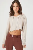 Women's Distressed Hooded Crop Top in Oatmeal Medium