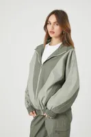 Women's Two-Tone Poplin Bomber Jacket in Dark Olive/Olive Medium