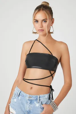 Women's Faux Leather Strappy Crop Top in Black Large