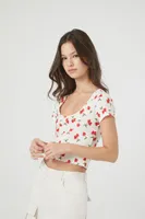 Women's Heart Cherry Print Cropped T-Shirt