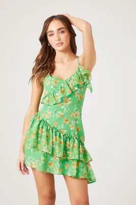 Women's Ruffled Floral Print Mini Dress in Green Medium