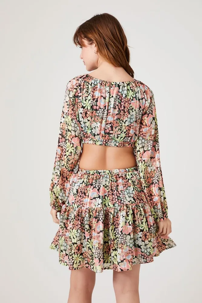 Women's Cutout Floral Print Mini Dress in Pink, XS