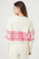 Women's Geo Fringe-Trim Sweater in Ivory/Pink Medium