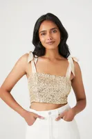 Women's Sequin Tie-Strap Crop Top in Champagne, XL