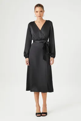 Women's Satin Maxi Wrap Dress in Black Medium