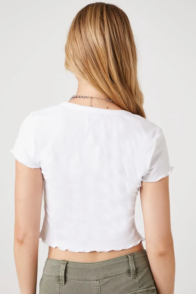 Women's Lettuce-Edge Crop Top in White Large
