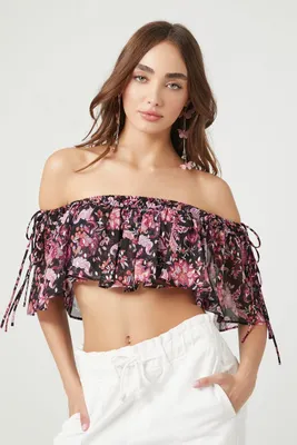 Women's Off-the-Shoulder Floral Flounce Crop Top in Black Small