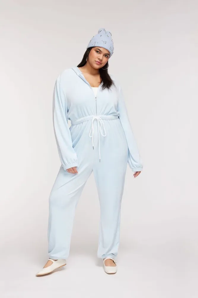 Women's Hooded Velour Jumpsuit in Sky Blue, 0X