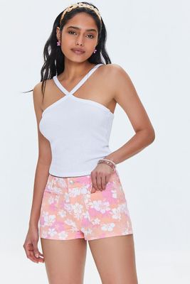 Women's Tropical Floral Print Denim Shorts in Pink, 29