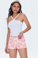 Women's Tropical Floral Print Denim Shorts in Pink, 31