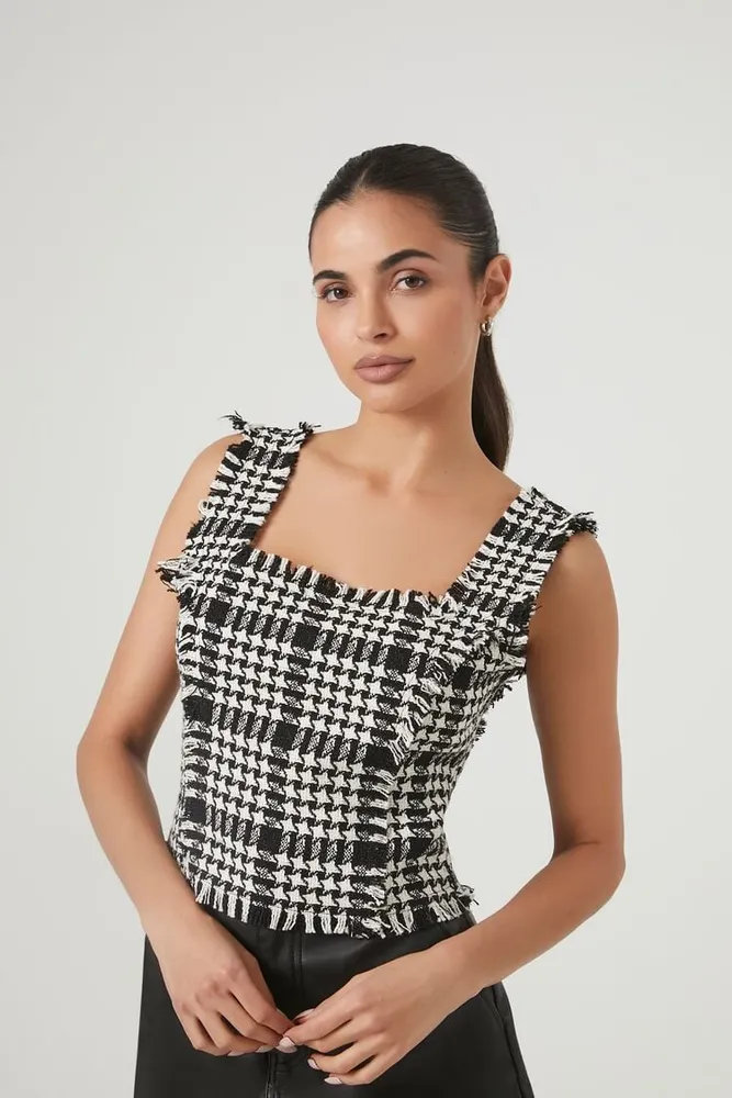 Women's Frayed Tweed Plaid Tank Top in Black/White Medium