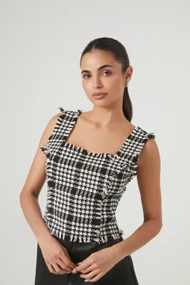 Women's Frayed Tweed Plaid Tank Top in Black/White Small