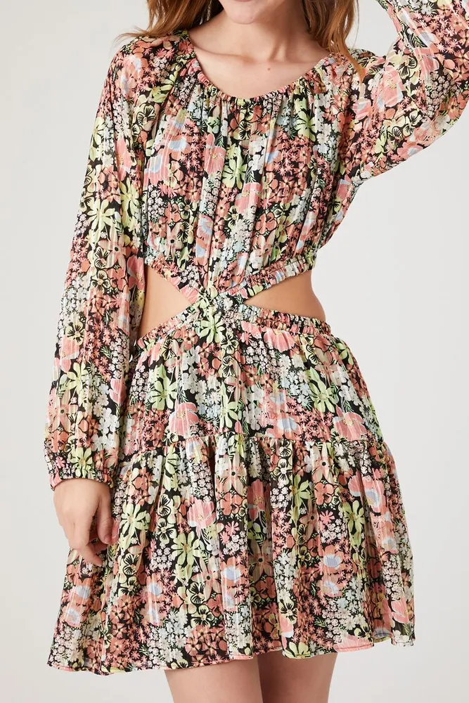 Women's Cutout Floral Print Mini Dress in Pink, XS