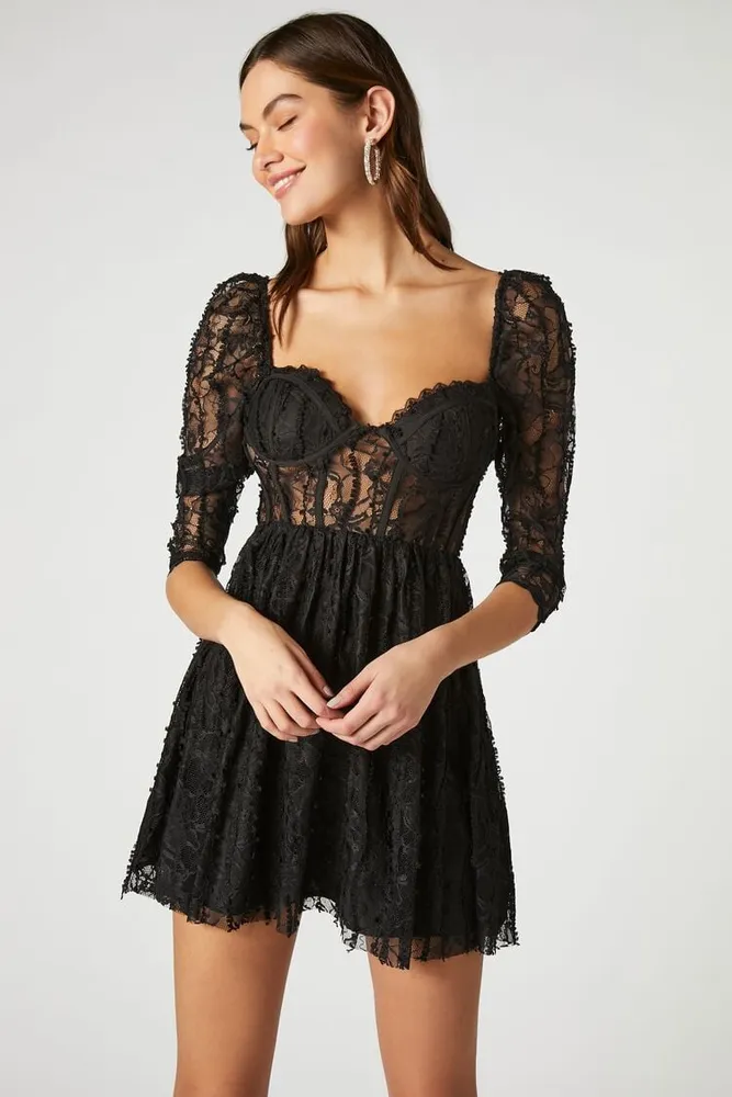 Women's Lace Fit & Flare Mini Dress in Black Small