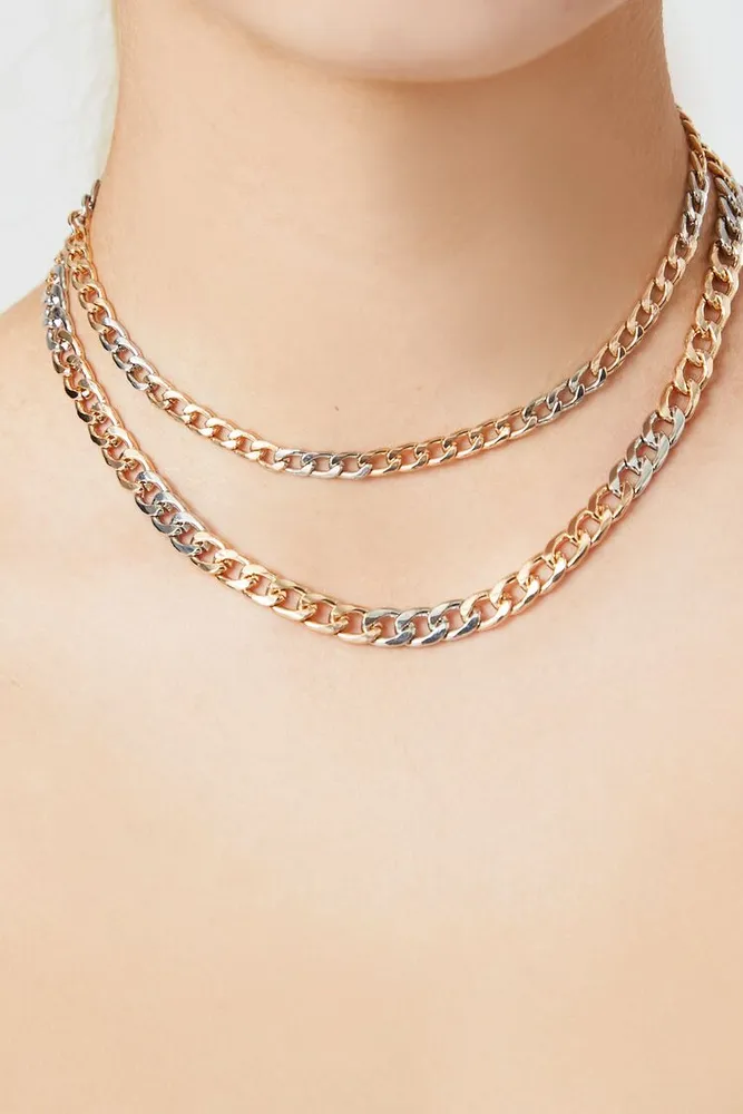 Women's Layered Mixed Metal Curb Necklace in Gold/Silver