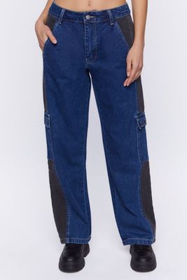 Women's Contrast-Panel High-Rise Dad Jeans in Dark Denim/Black, 28