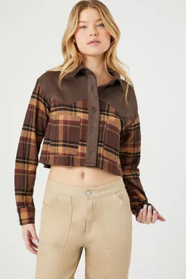 Women's Cropped Flannel Plaid Shirt in Brown Small