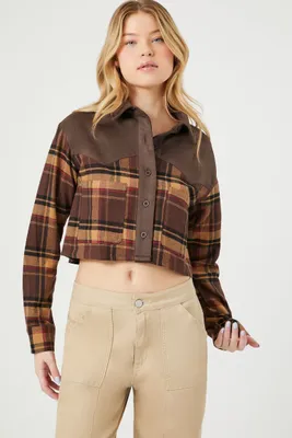 Women's Cropped Flannel Plaid Shirt in Brown Medium