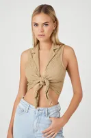 Women's Textured Tie-Front Crop Top in Taupe Medium