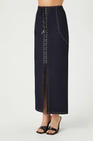 Women's Lace-Up Slit Maxi Skirt in Dark Denim, XS