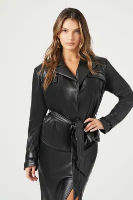 Women's Faux Leather Tie-Waist Trench Coat in Black Small