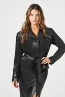 Women's Faux Leather Tie-Waist Trench Coat in Black, XS