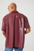 Men Faux Leather Short-Sleeve Shirt in Burgundy Medium