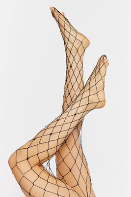 Rhinestone Sheer Fishnet Tights in Black, M/L