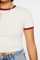 Women's Cropped Ringer T-Shirt in Cream/Burgundy Large