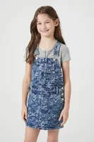 Girls Floral Denim Overall Dress (Kids) in Medium Denim, 5/6