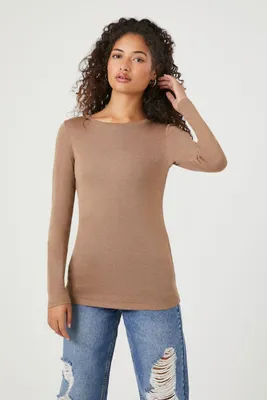 Women's Ribbed Knit Crew Top in Ash Brown, XS