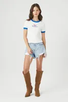 Women's Embroidered Pabst Ringer Cropped T-Shirt in White/Blue Large