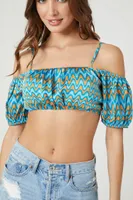 Women's Abstract Off-the-Shoulder Crop Top in Blue Small