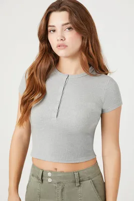 Women's Cropped Thermal Waffle Knit T-Shirt in Heather Grey Medium