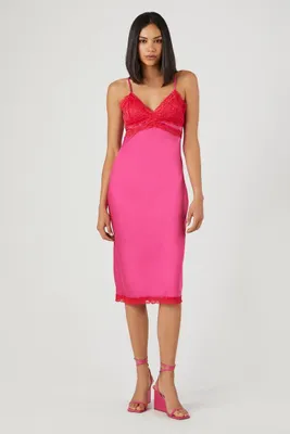 Women's Satin Lace-Trim Midi Dress in Currant/Fuchsia Medium