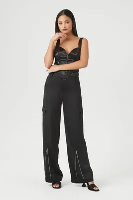 Women's Satin Cargo Zipper Pants in Black Medium