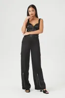 Women's Satin Cargo Zipper Pants in Black Small