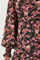 Women's Floral Long-Sleeve Mini Dress in Pink/Black, XS