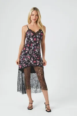 Women's Ditsy Floral Midi Slip Dress in Black/Pink, XS