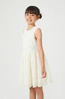 Girls Glitter Mesh Sleeveless Dress (Kids) in Cream, 13/14