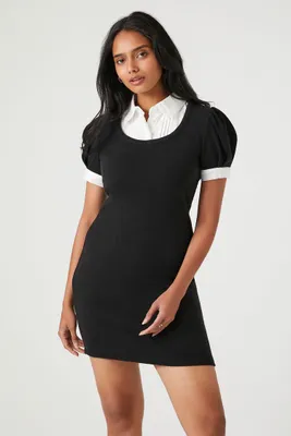 Women's Puff-Sleeve Combo Mini Shirt Dress