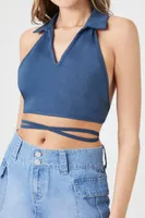 Women's Wraparound Split-Neck Halter Top in Navy Medium