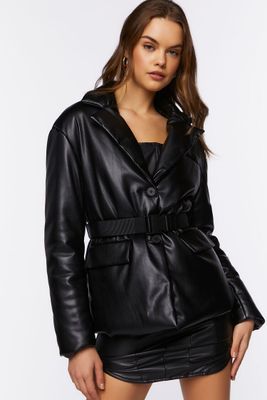 Women's Faux Leather Belted Jacket in Black Large