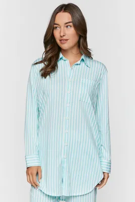 Women's Striped Patch-Pocket Pajama Shirt Powder Blue/White