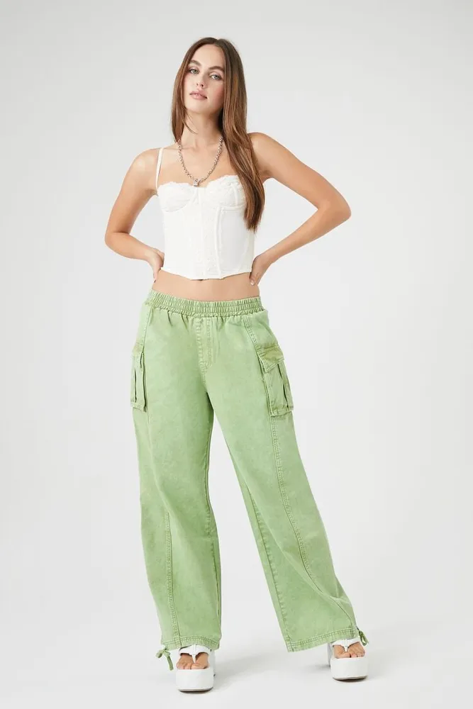 Forever 21 Women's Drawstring Wide-Leg Cargo Pants Pepper Green