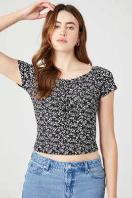 Women's Ditsy Floral Cropped T-Shirt in Black Large