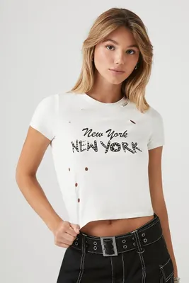 Women's Distressed New York Baby T-Shirt in Cream, XL